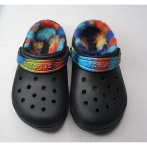Crocs Kids C11 Lined Tie Dye Clog Black Fuzzy Slip On Comfort Shoes Casual EUC